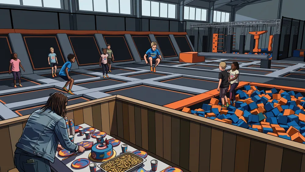 Kinderfeestje in trampolinepark You Jump in Tilburg met partyhuisje en versierde taart