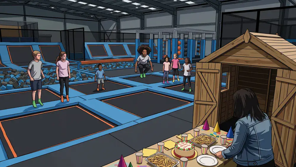 Kinderfeestje in trampolinepark You Jump in Tilburg met partyhuisje en versierde taart