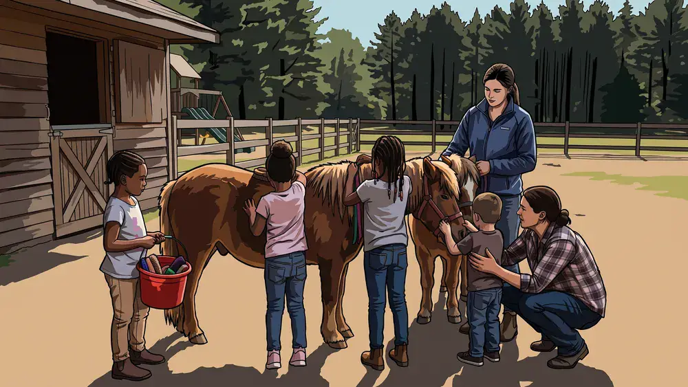Kinderen poetsen en versieren een pony tijdens een kinderfeestje bij De Zeven Geitjes in Tilburg