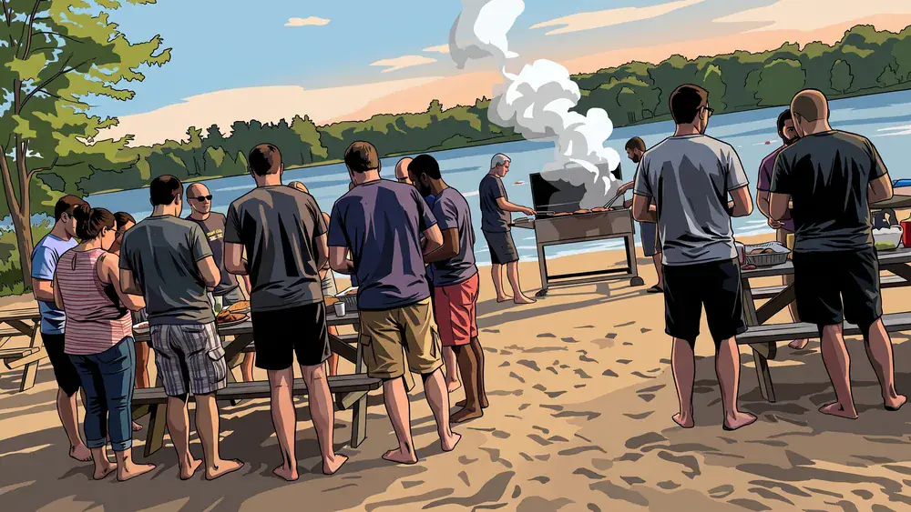 Personeelsuitje op het strand bij Arbie's in Berkel-Enschot, collega's rond de barbecue