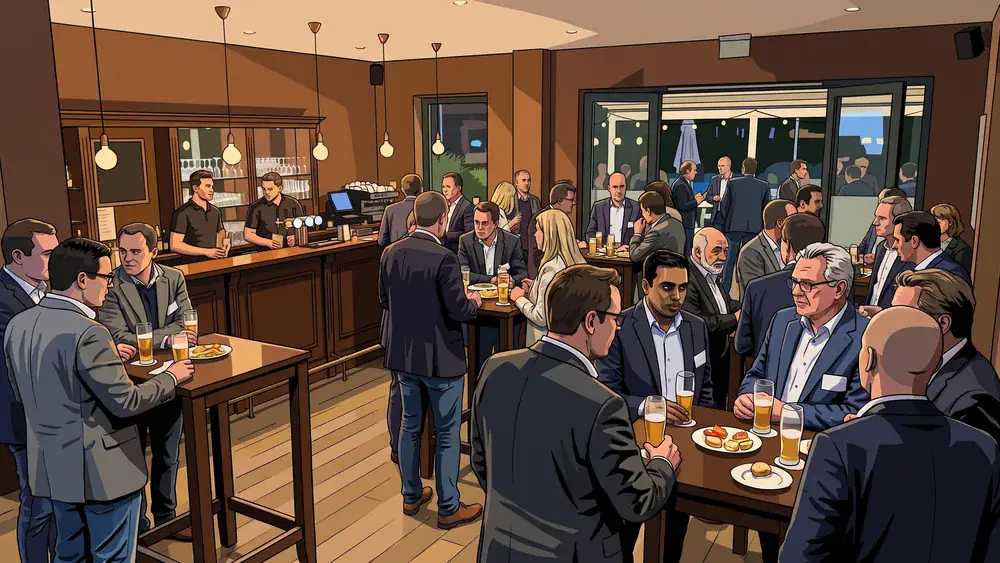 Personeel van een bedrijf staat met een drankje in de feestzaal van Bet Kolen in Tilburg