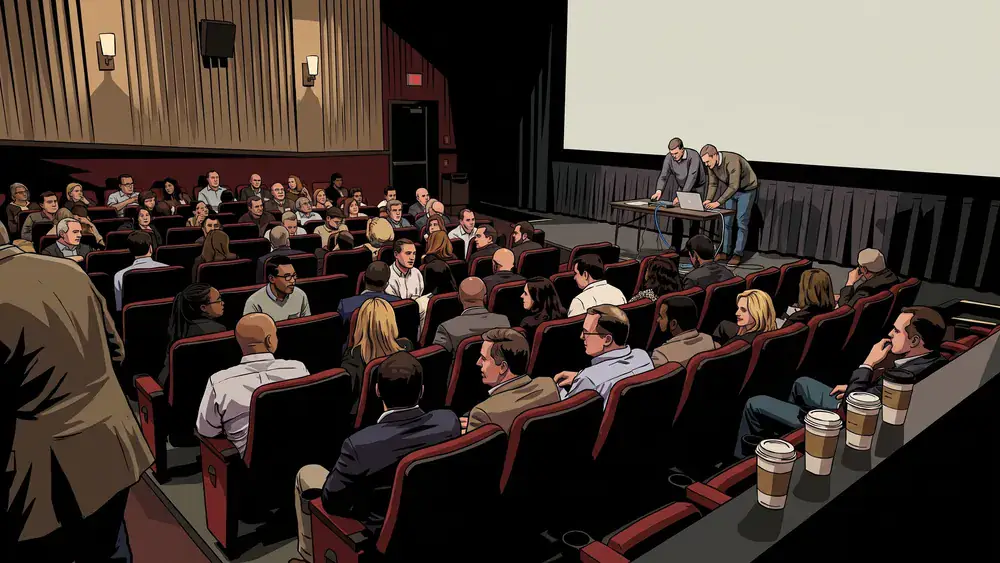 Collega's zitten in de grote filmzaal van Cinecitta Tilburg tijdens een bedrijfsochtend