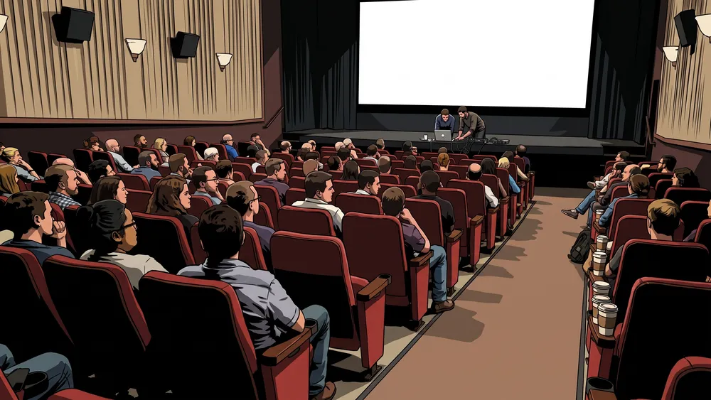 Collega's zitten in de grote filmzaal van Cinecitta Tilburg tijdens een bedrijfsochtend
