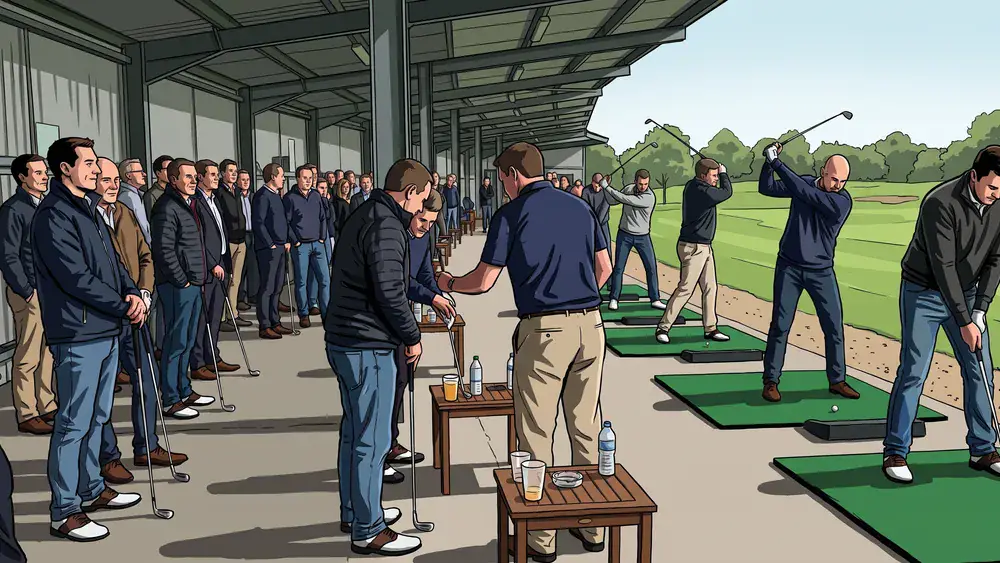Collega's slaan ballen op de overdekte driving range van Prise d'Eau Golf in Tilburg