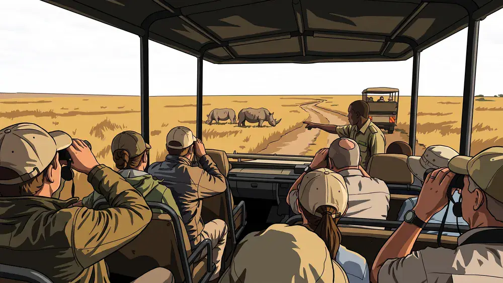 Collega's kijken vanuit de safaribus naar neushoorns in Safaripark Beekse Bergen