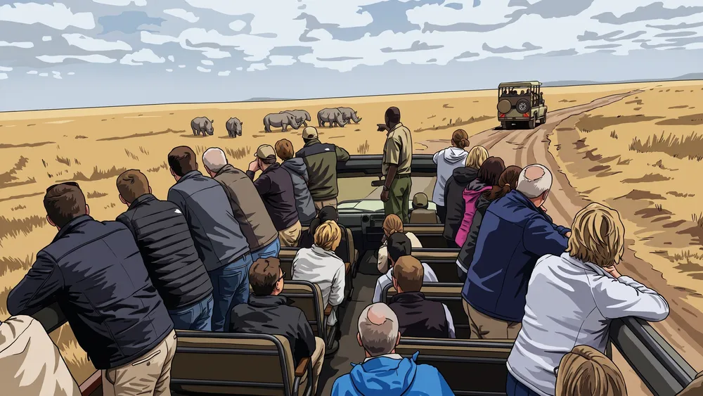 Collega's kijken vanuit de safaribus naar neushoorns in Safaripark Beekse Bergen