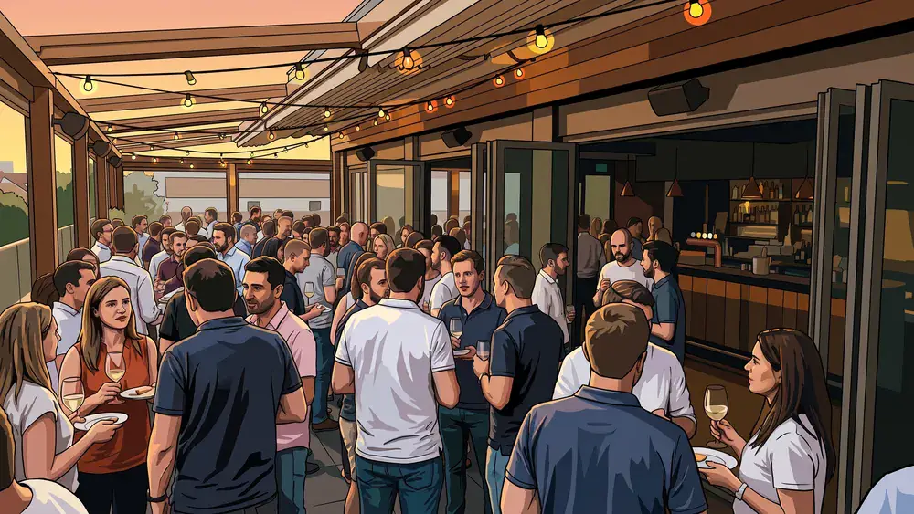 Personeelsuitje op het terras van een restaurant in Tilburg-West, collega's met borrelhapjes en drankjes