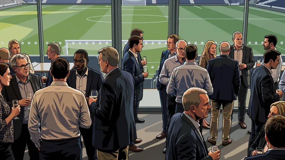 Personeelsuitje in een zaal van het Koning Willem II stadion met uitzicht op het veld