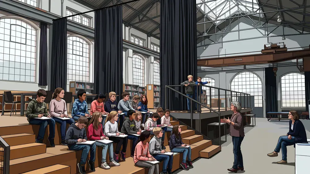 Schoolklas zit op de tribunetrap in de LocHal in Tilburg
