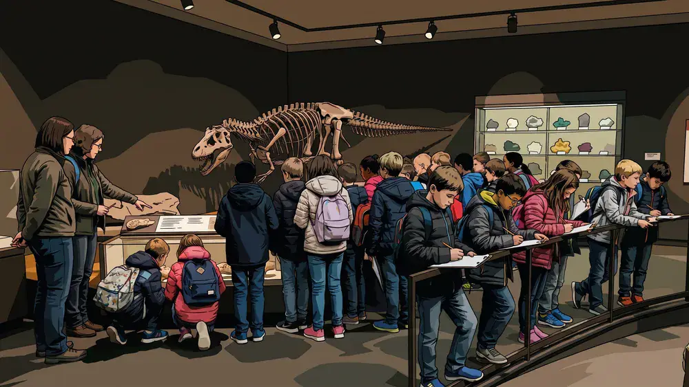 Schoolklas bekijkt skeletten en mineralen in Natuurmuseum Brabant Tilburg