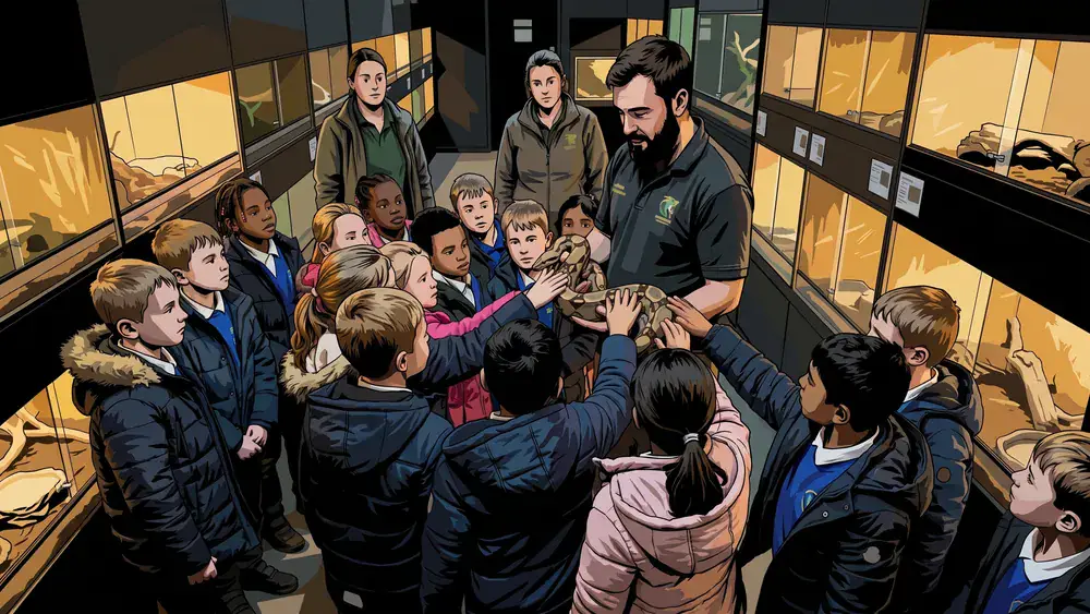 Schoolklas aait een slang tijdens een demonstratie in Dierenpark De Oliemeulen in Tilburg