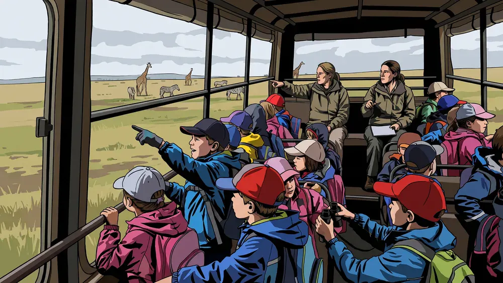 Schoolklas kijkt vanuit de safaribus naar giraffen in Safaripark Beekse Bergen