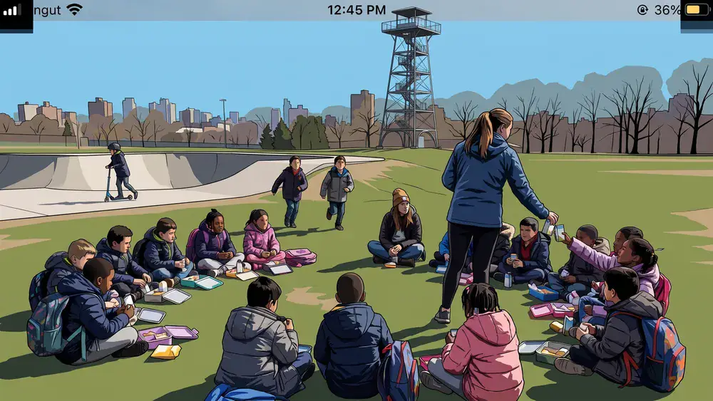 Schoolklas picknickt op het grasveld in het Spoorpark in Tilburg