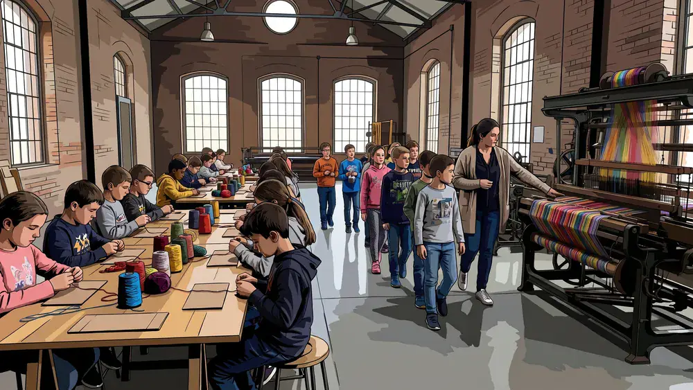Schoolklas weeft en bekijkt weefmachines tijdens een museumles in het TextielMuseum Tilburg