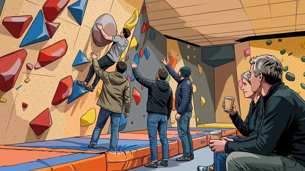 Teamuitje boulderen bij Block013 Tilburg, collega's wijzen een route aan op de klimwand