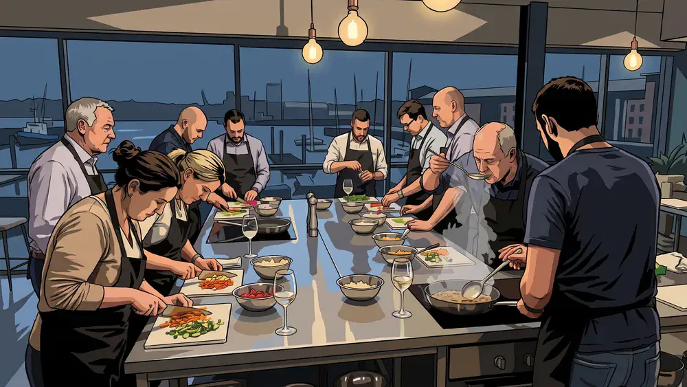 Kookworkshop bij CookAllure aan de Piushaven in Tilburg, collega's koken samen