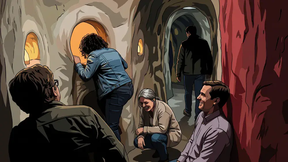 Doloris Meta Maze in Tilburg, collega's klimmen door een kamer van het kunstdoolhof