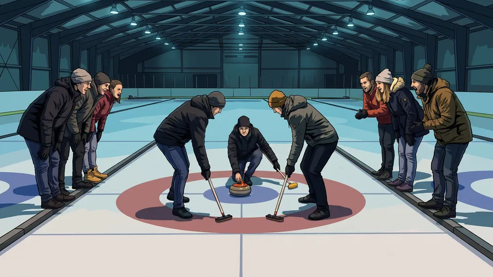 Teamuitje curling op de Ireen Wüst IJsbaan in Tilburg, collega's vegen voor een glijdende curlingsteen