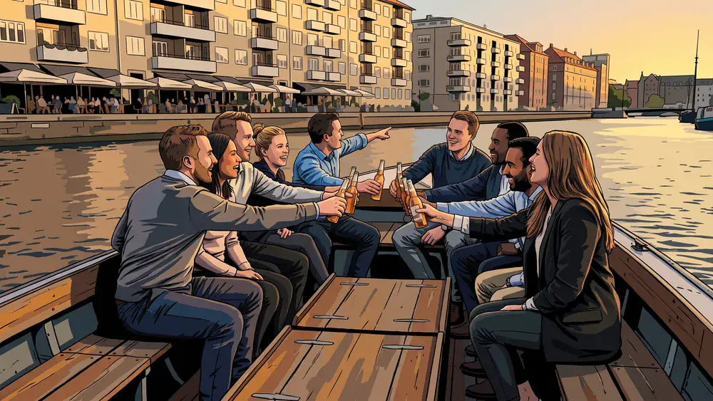 Teamuitje op de Piushaven in Tilburg, collega's borrelen op een open boot