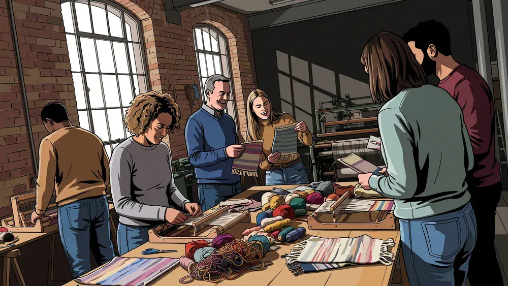 Teamuitje in het TextielMuseum Tilburg, collega's werken samen aan een textielworkshop