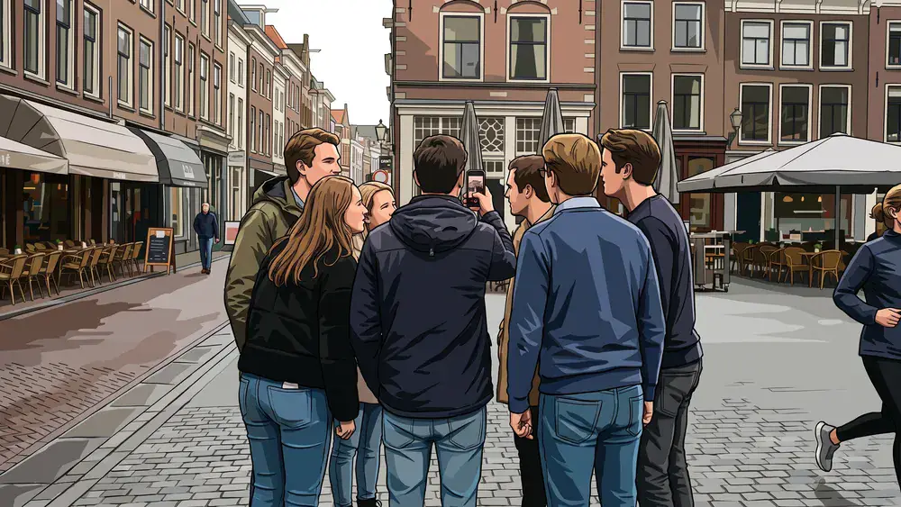 The Hunt stadsspel in Tilburg, collega's overleggen op straat tijdens de achtervolging