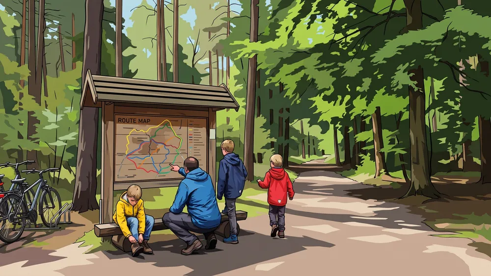 Gezin bekijkt het routebord bij het bezoekerscentrum in Oisterwijk