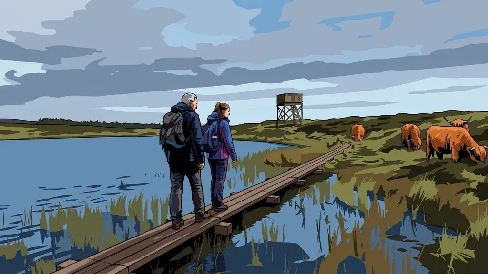Twee wandelaars op het vlonderpad over het Moerven bij Huis ter Heide