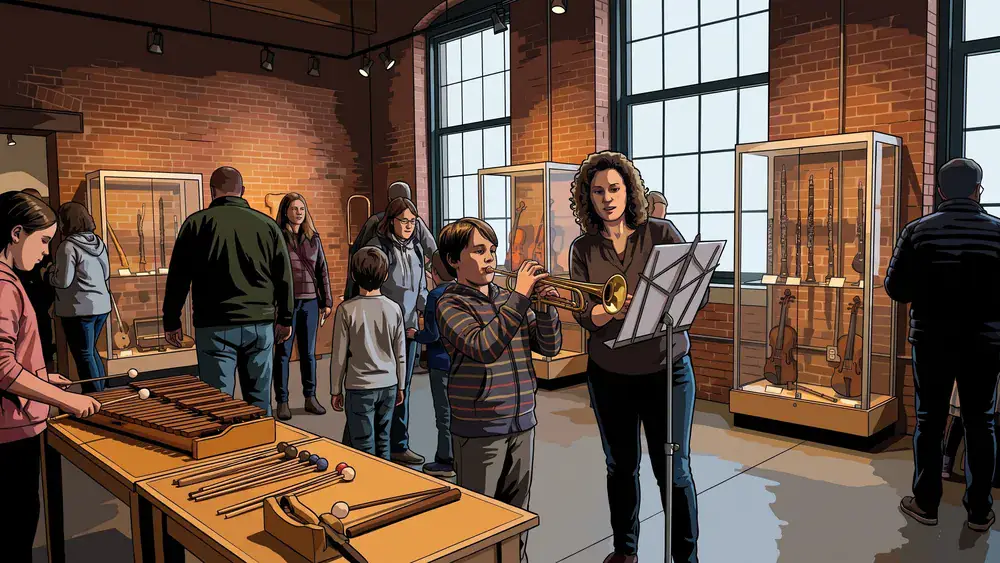Kind probeert een koperen blaasinstrument uit in het Kessels Museum in Tilburg