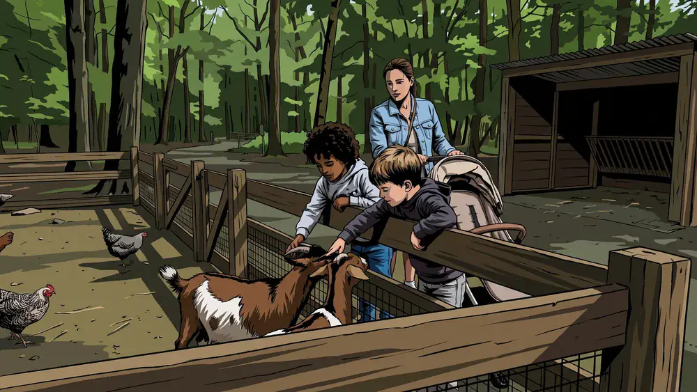 Twee kinderen kijken over het hek naar de geiten op kinderboerderij Het Wandelbos in Tilburg