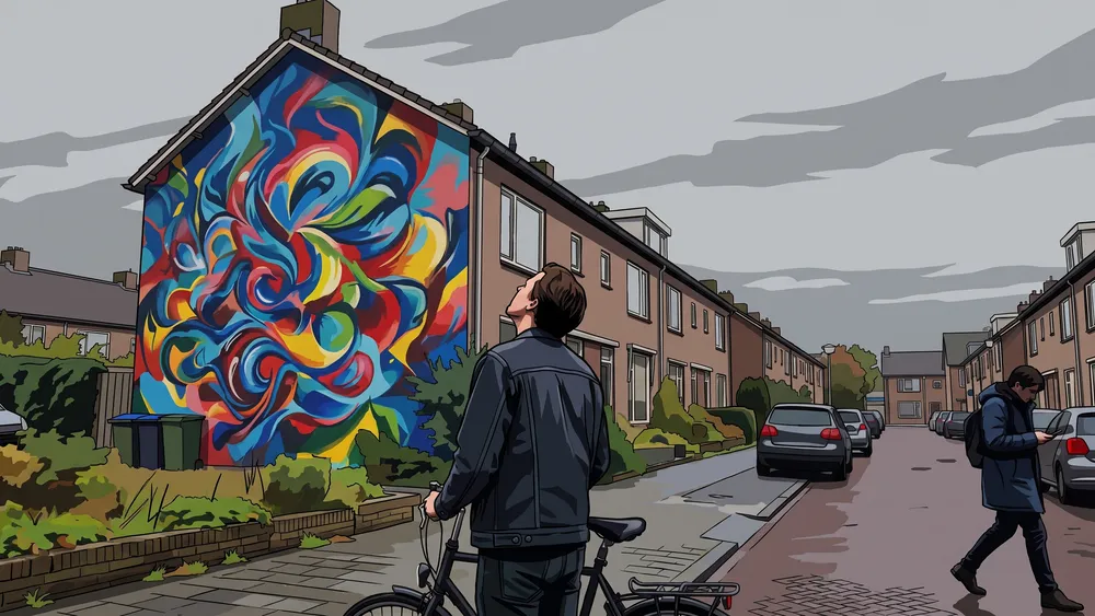 Fietser kijkt omhoog naar een grote muurschildering in een woonstraat in Tilburg