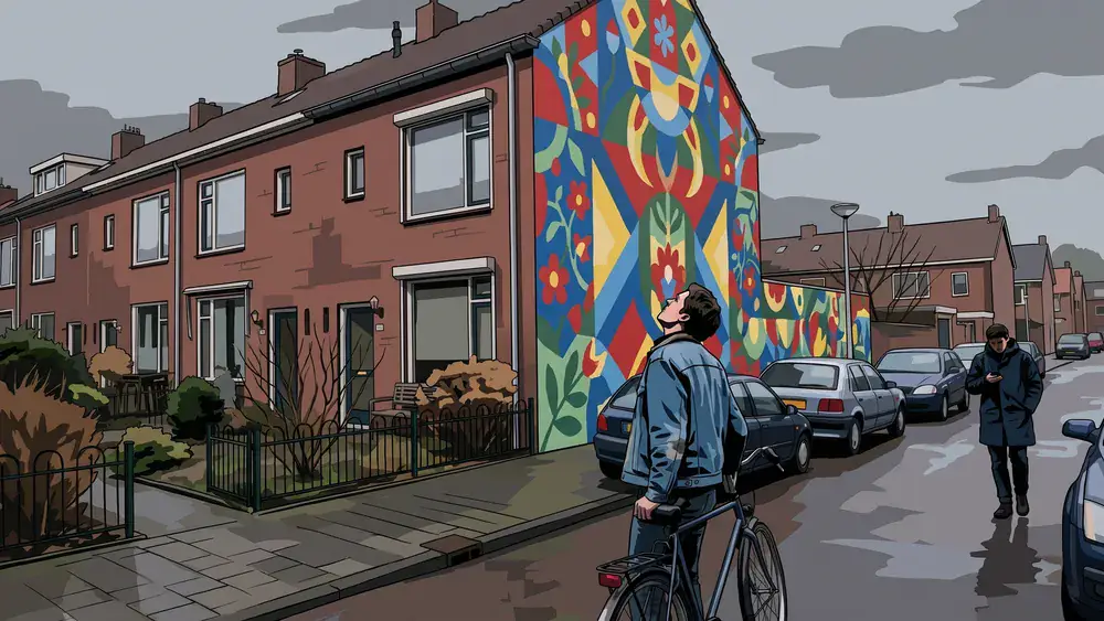 Fietser kijkt omhoog naar een grote muurschildering in een woonstraat in Tilburg