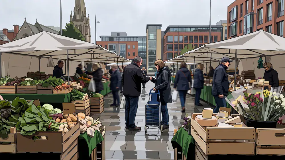 Kramen en bezoekers op de zaterdagmarkt op het Stadsforum in Tilburg