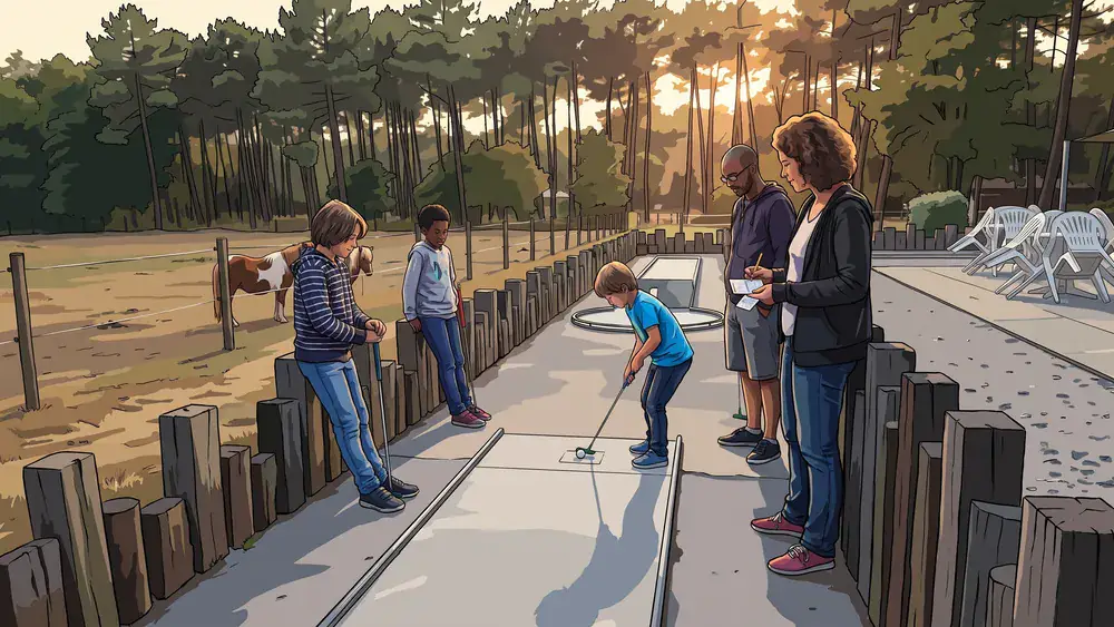 Kinderen en ouders spelen midgetgolf bij De Zeven Geitjes in Tilburg