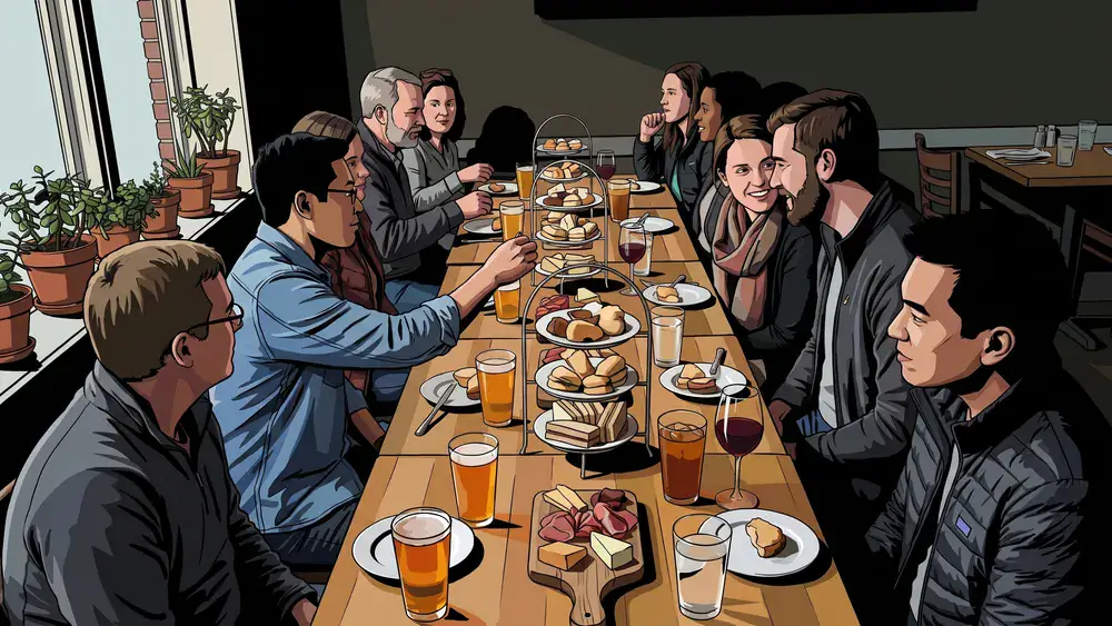 Vriendengroep aan een lange tafel met etagères en borrelplanken bij Karakter in Tilburg