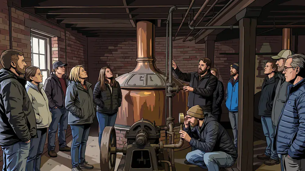 Groep luistert naar een gids tussen de oude brouwketels van een dorpsbrouwerij in Hilvarenbeek