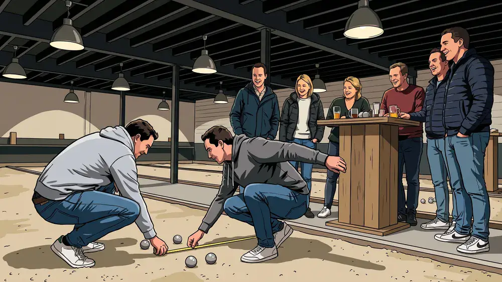 Vriendengroep speelt jeu de boules op een overdekte baan bij NondeJeu in Tilburg