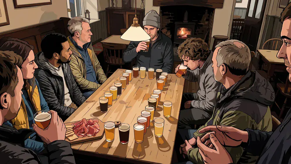 Rij kleine proefglaasjes bier op een houten tafel tijdens een bierproeverij in Tilburg