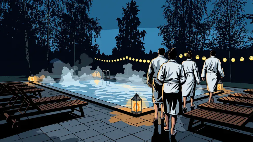 Buitenbad met dampend water op het terrein van een saunaresort bij Goirle
