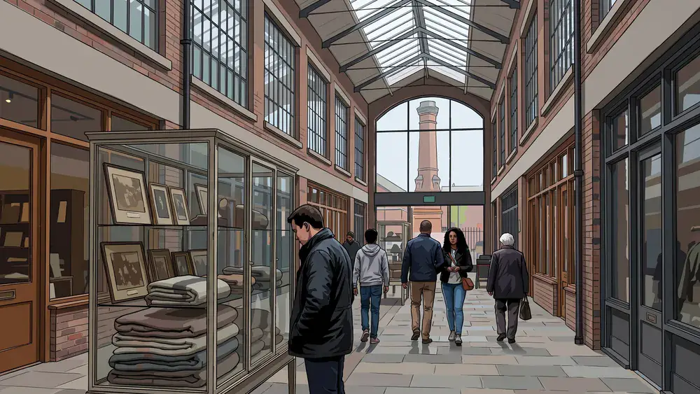 De overdekte fabrieksstraat met winkels en een vitrinekast in de AaBe Fabriek in Tilburg