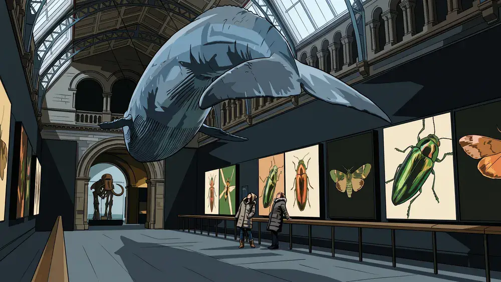 Bezoekers onder het walvisskelet in Natuurmuseum Brabant in Tilburg, met verlichte insectenpanelen langs de wand