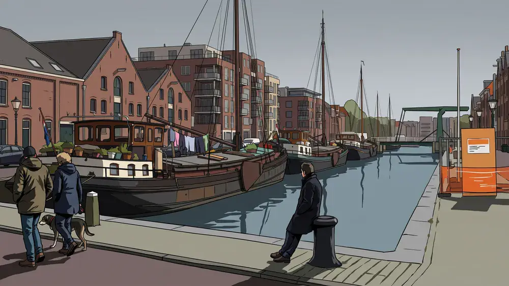 Historische vrachtschepen aan de kade van de Piushaven in Tilburg