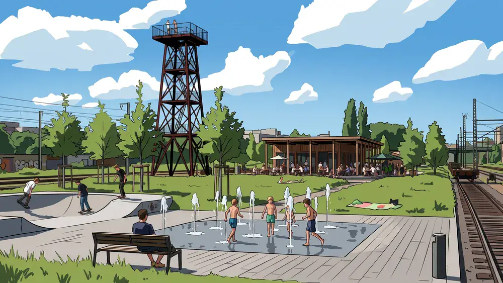 Kinderen bij het waterplein in het Spoorpark met de Kempentoren op de achtergrond