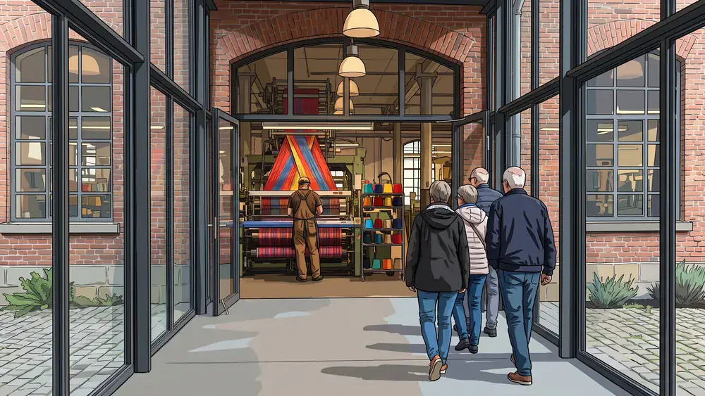 Bezoekers lopen door de glazen gang naar de oude fabriekshal van het TextielMuseum in Tilburg