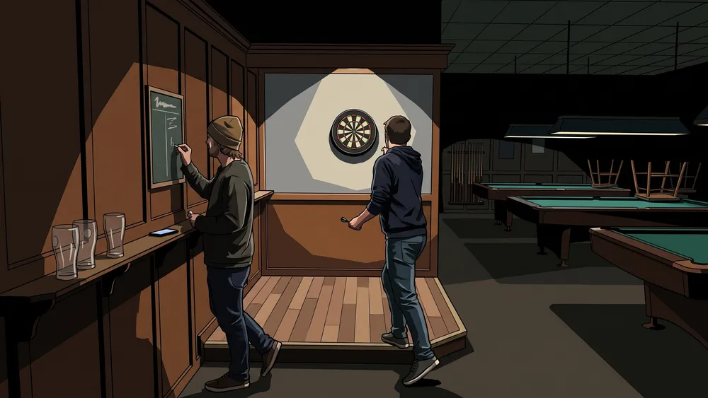 Twee spelers bij een verlichte dartbaan in de nachtelijke zaal van Cues & Darts in Tilburg
