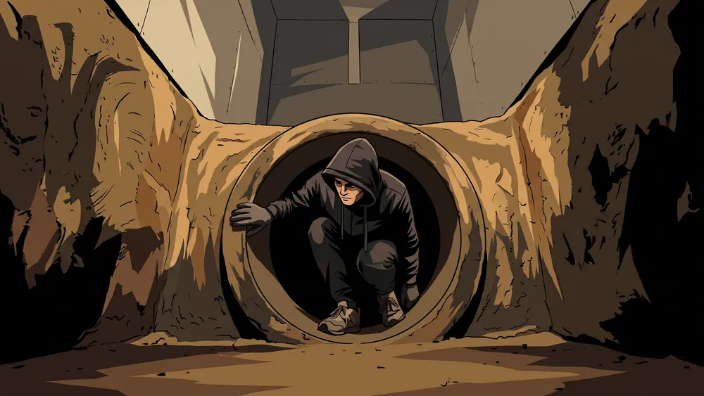 Bezoeker kruipt uit een tunnel een hoge kamer in van het kunstdoolhof Doloris Meta Maze in Tilburg