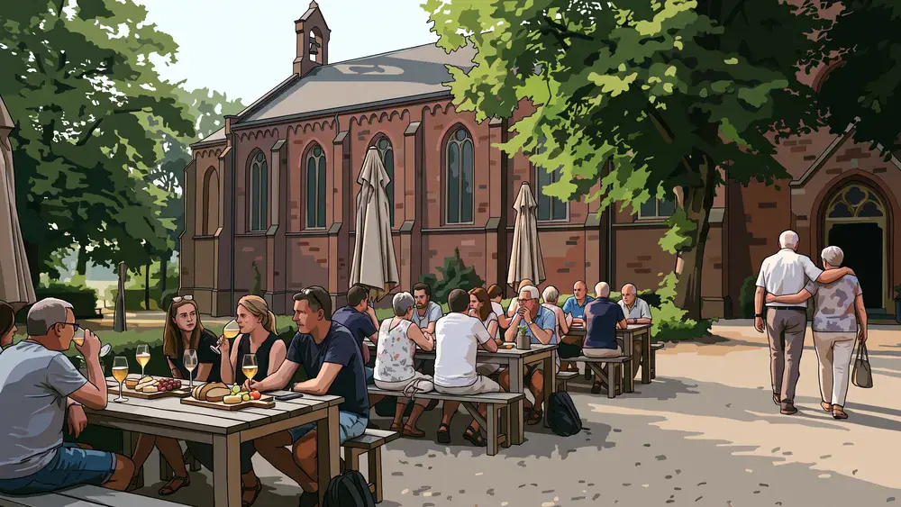 Bezoekers op het terras van het proeflokaal bij Abdij Koningshoeven in Berkel-Enschot