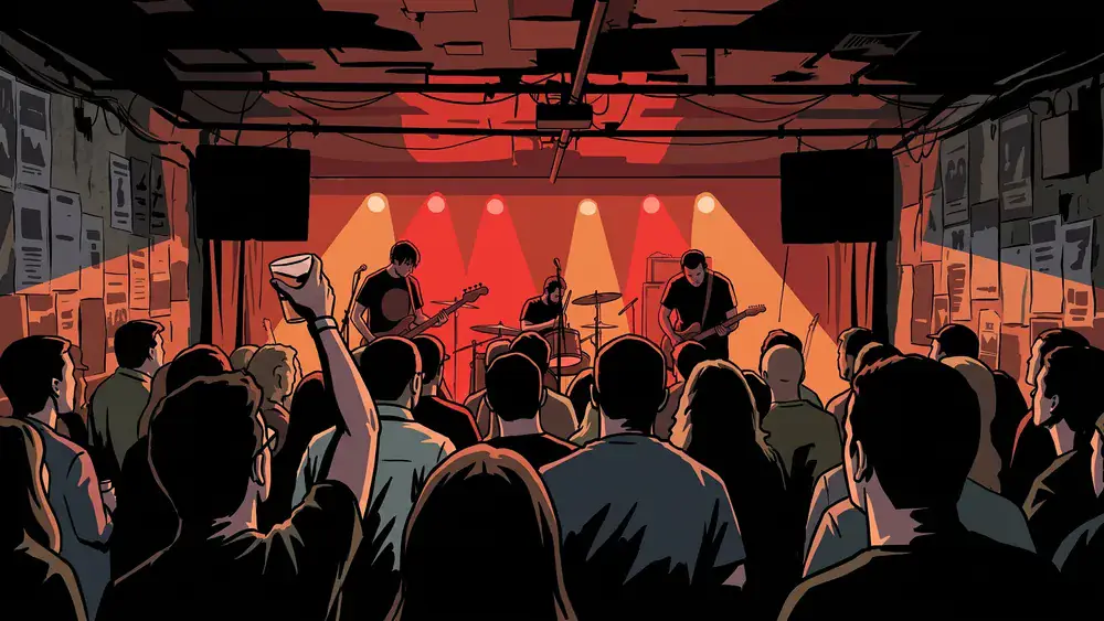 Publiek voor het podium tijdens een concert in rockcafé Little Devil in Tilburg