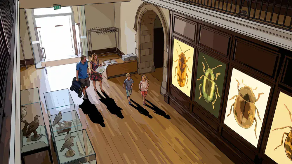 Gezin loopt op zondagochtend de zaal met vergrote insectenfoto's binnen in Natuurmuseum Brabant