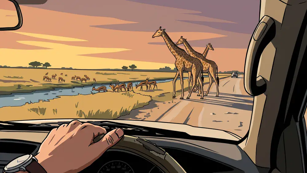 Giraffen steken vroeg in de ochtend de weg over tijdens de autosafari in Safaripark Beekse Bergen