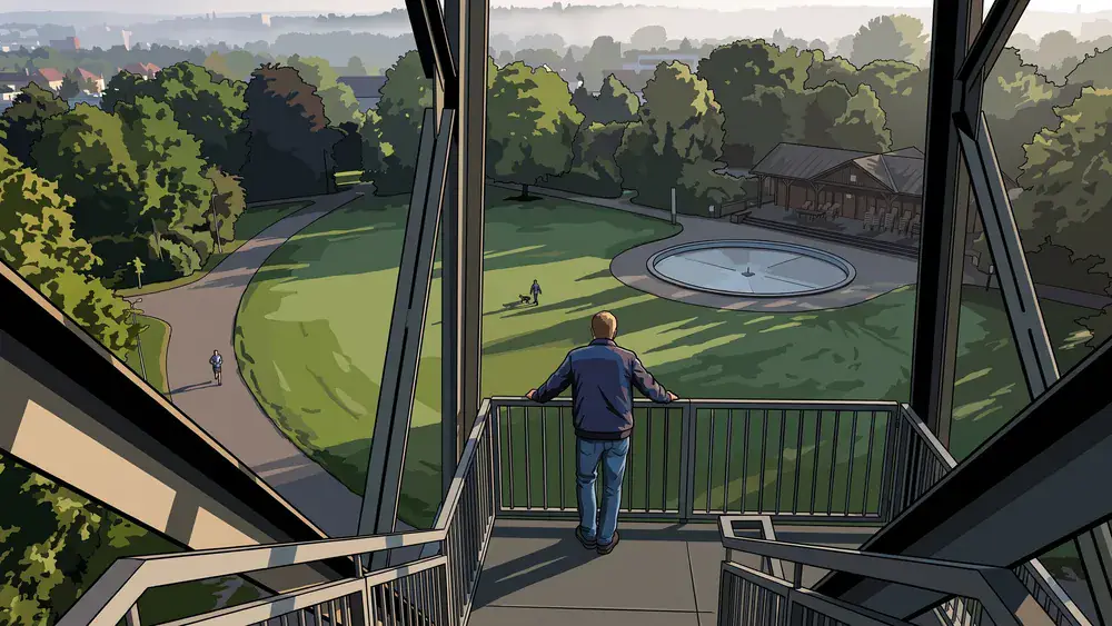 Uitzicht vanaf het platform van de Kempentoren over het Spoorpark in de vroege ochtend